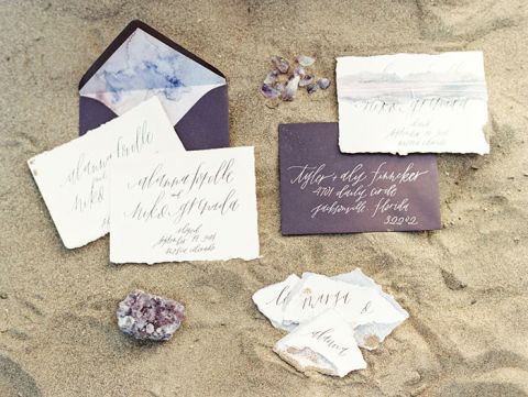 Purple Watercolor Wedding Invitations with White Calligraphy