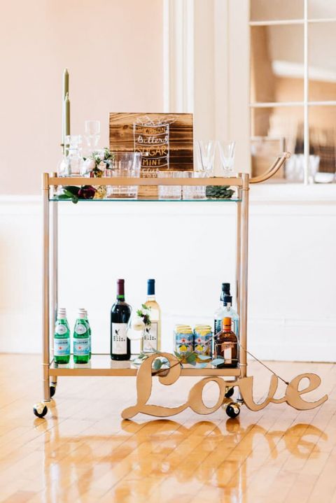 Modern Bar Cart with a Gold LOVE Sign