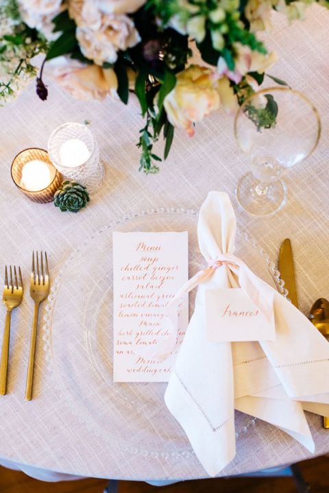 Romantic Preppy Place Setting with Calligraphy Menus and Hemstitch Napkins
