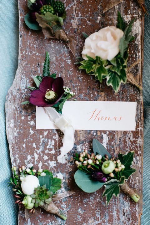 Botanical Ivy Boutonnieres in Plum and Ivory