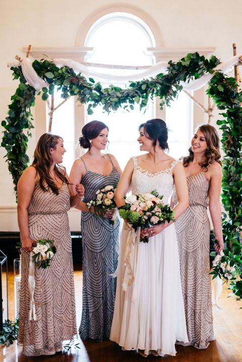 Draped Garland Ceremony Site and Bridesmaids in Vintage Beaded Dresses