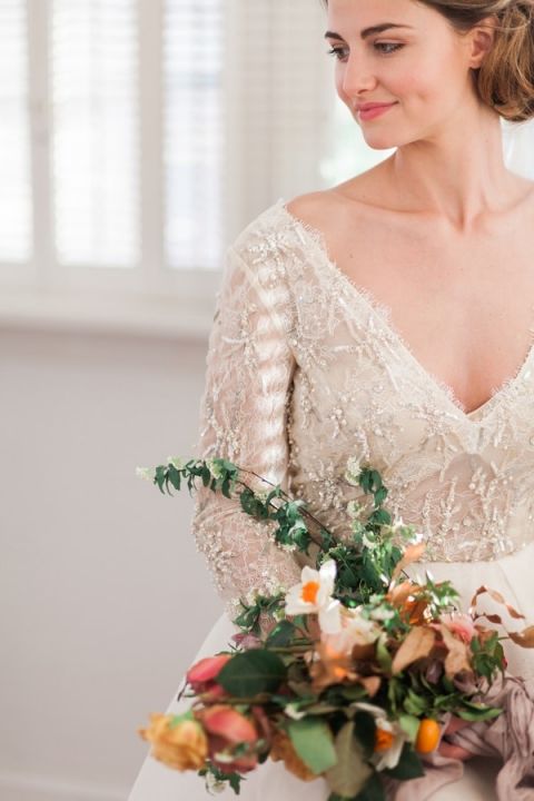 Long Sleeve Wedding Dress with Sparkling Nude Lace