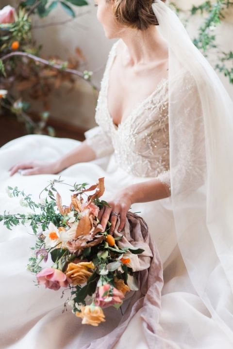 Romantic Vintage Bride with a Sparkling Ball Gown and an Organic Bouquet
