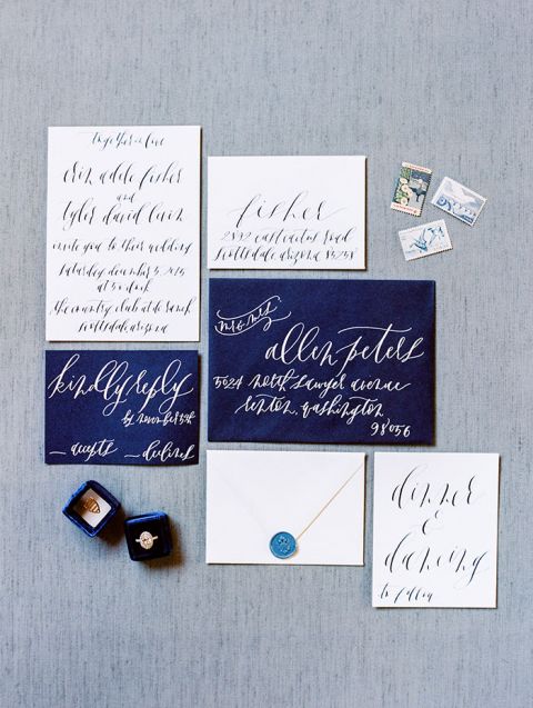 Bold Blue and White Calligraphy Wedding Invitation