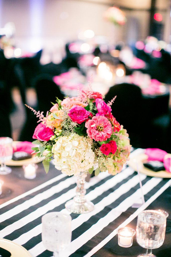 Black and White Striped Table Runners with a Bright Pink