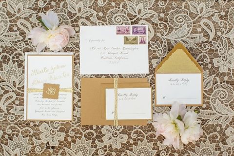 Kraft Paper Invitations on a Vintage Lace Tablecloth