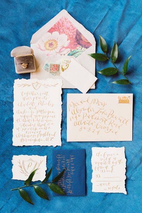 Royal Blue and Gold Wedding Invitations with Floral Print