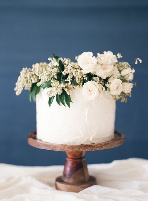 Simple Wedding Cake with an Organic Floral Topper