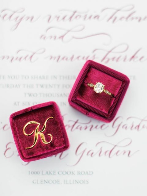 Burgundy and Gold Monogram Engagement Ring Box
