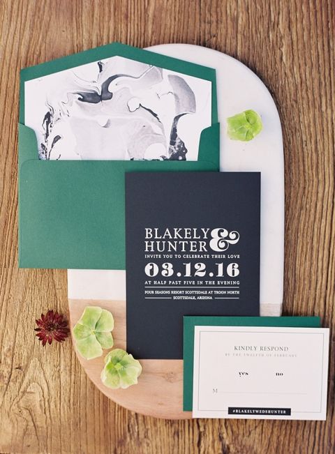 Emerald Green and Marble Letter Press Wedding Invitation