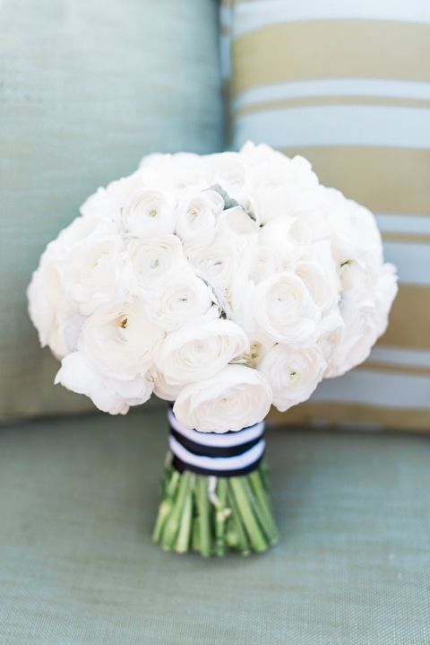 All White Bouquet with Black Striped Ribbon