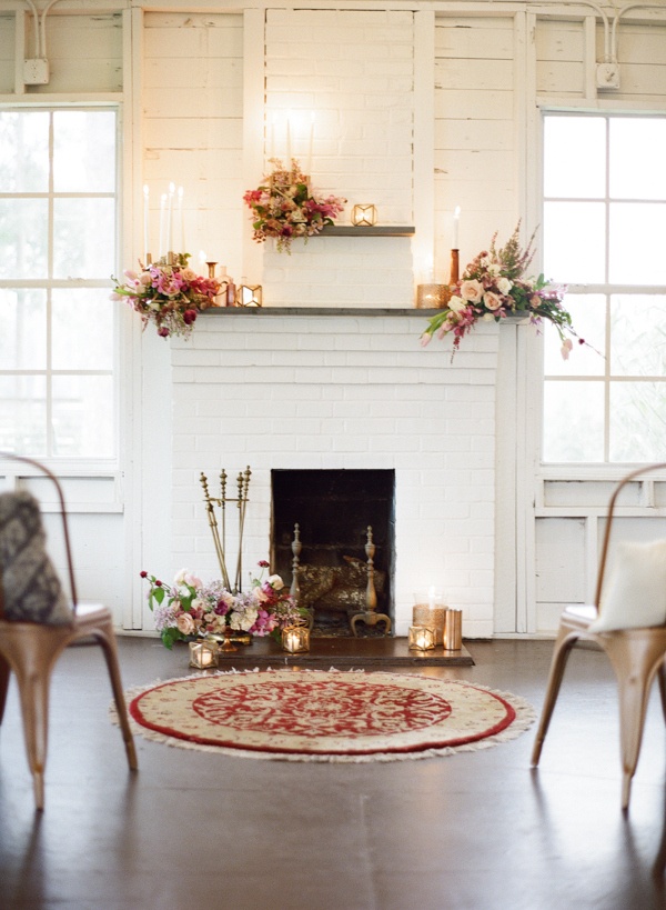 Fireplace Ceremony Backdrop with Modern Metallic Wedding Decor Emily