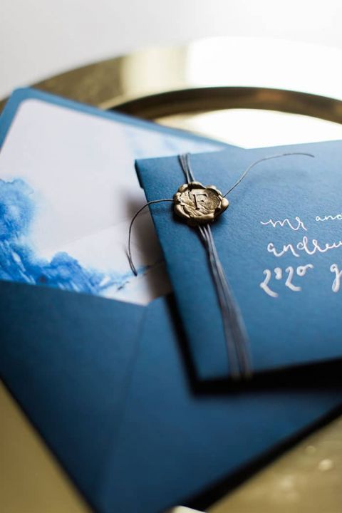 Indigo and Gold Wedding Invitation with a Wax Seal