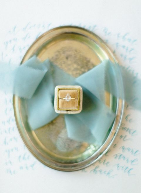 Pear Shaped Engagement Ring with Gold Velvet and Aqua Ribbon