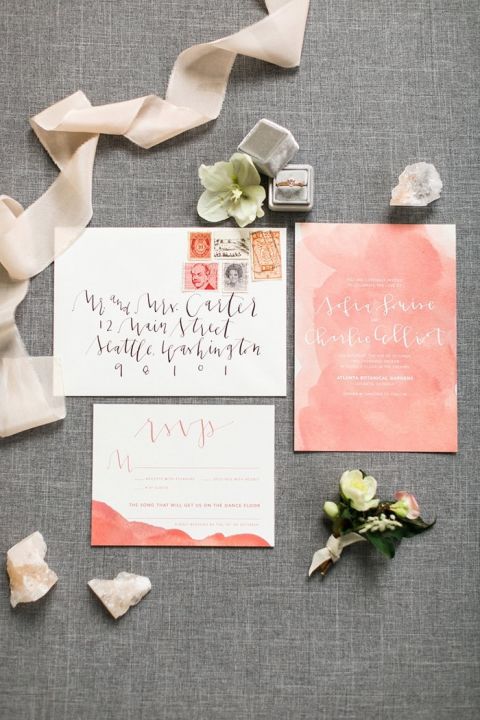 Modern Peach Watercolor and Calligraphy Invitations 