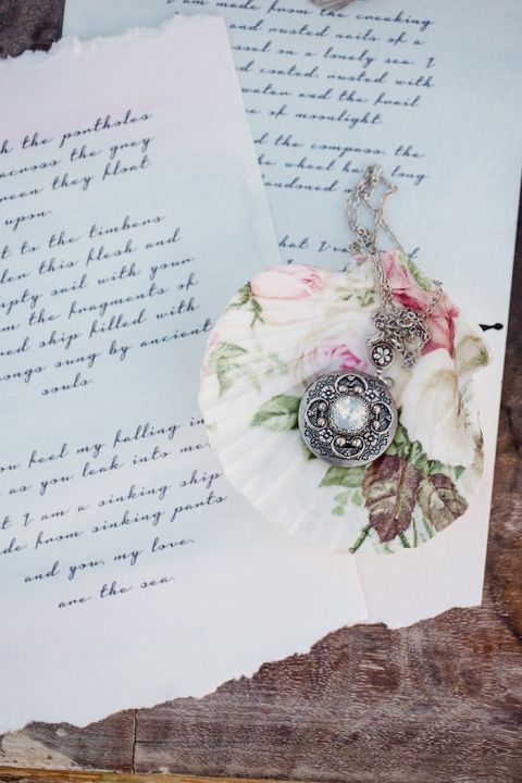 Antique Locket and Letters with a Floral Print Sea Shell