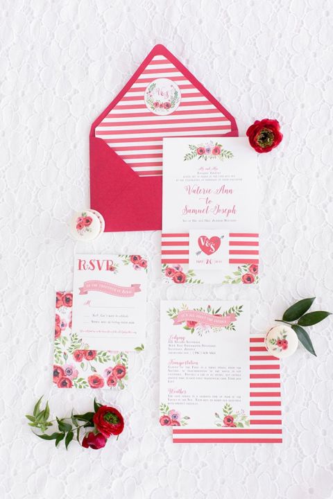 Red and White Striped Wedding Invitations with Floral Print