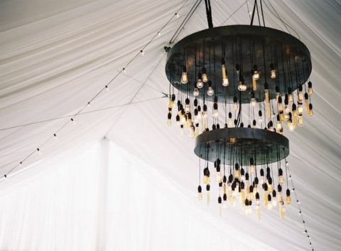 Tented Wedding Reception with an Edison Bulb Chandelier