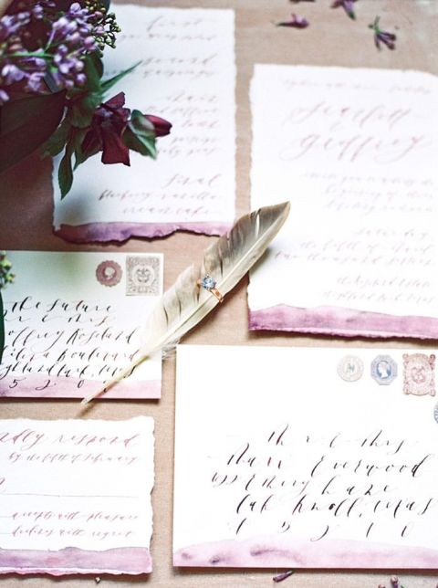 Watercolor and Calligraphy Wedding Invitation Suite with Feather Details