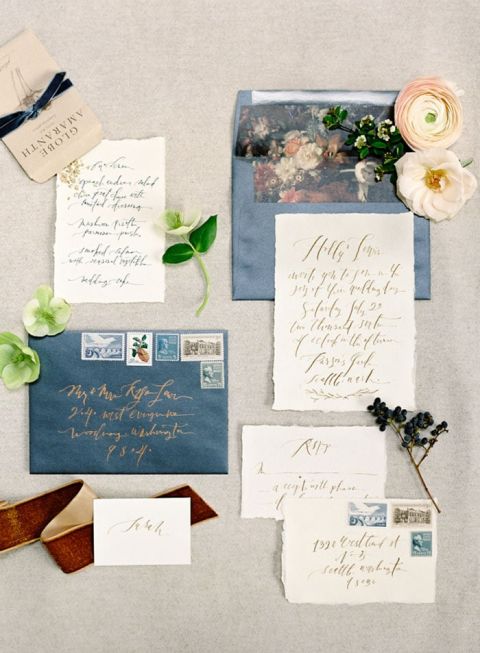 Slate Blue and Gold Wedding Invitations