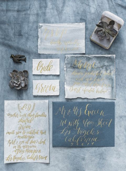 Slate Blue and Gold Calligraphy Wedding Invitations