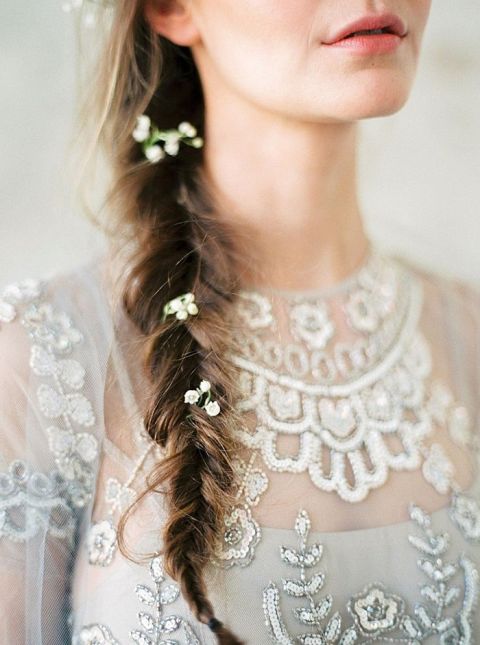 Bridal Braid with Delicate Flowers and a Silver Embroidered Dress