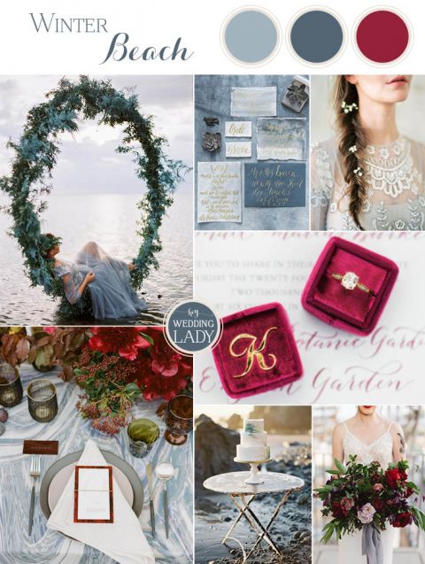 Winter Beach Wedding Ideas in Frost Blue and Cranberry
