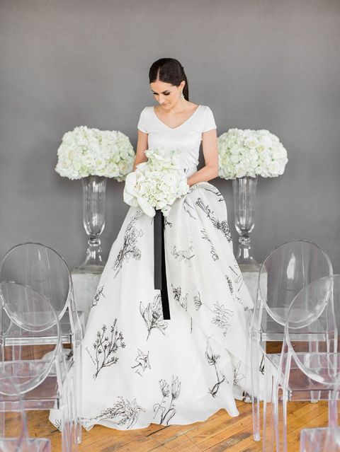 white wedding dress with black flowers