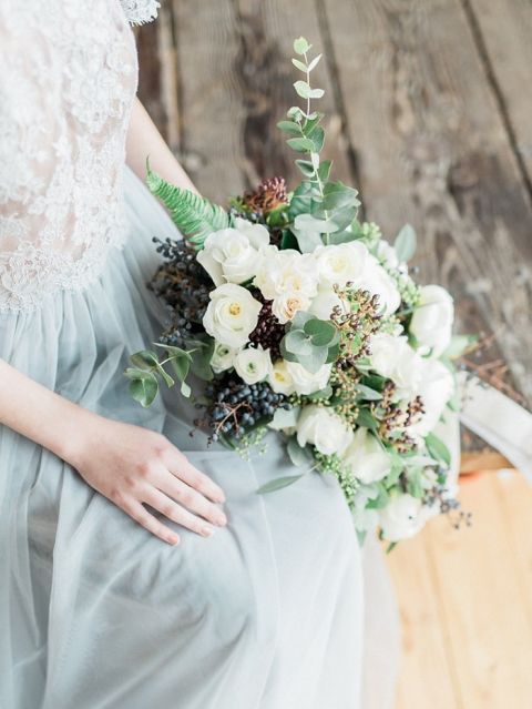 Green and White Bouquet with Winter Berries