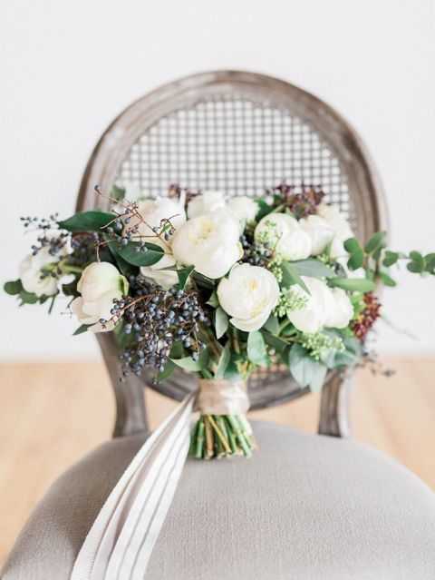 Winter Greenery and Spring Flower Bouquet