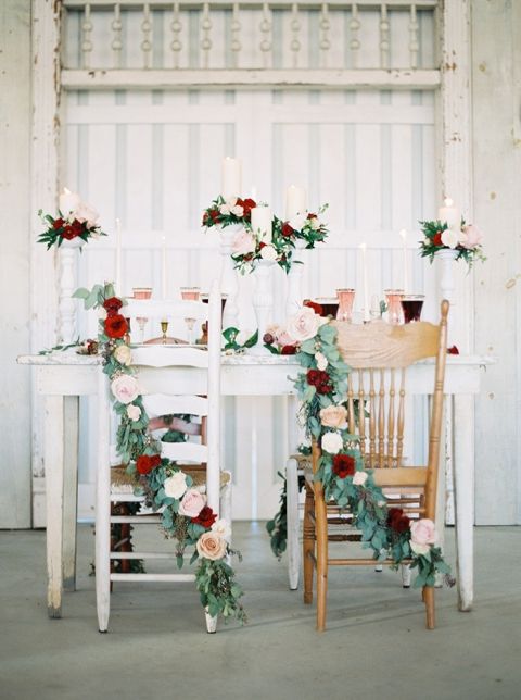 Rustic Vintage Sweetheart Table with Floral Garland Chair Decor
