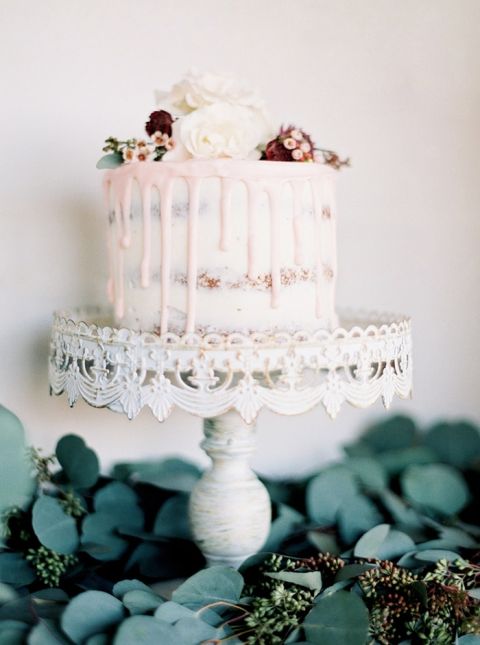 Blush and Berry Drizzle Cake on a Vintage Stand