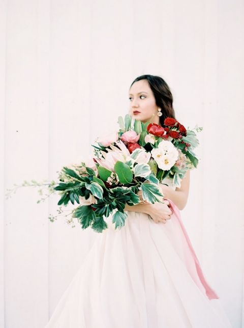 Dreamy Bride with an Armful of Blush and Red Flowers