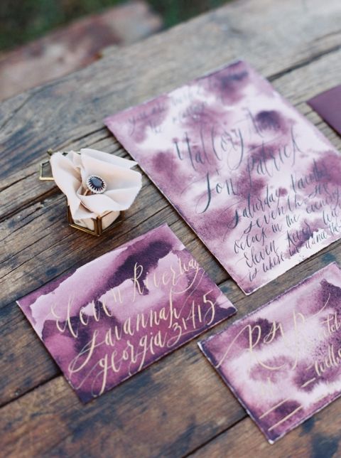 Amethyst and Gold Watercolor Wedding Invitations