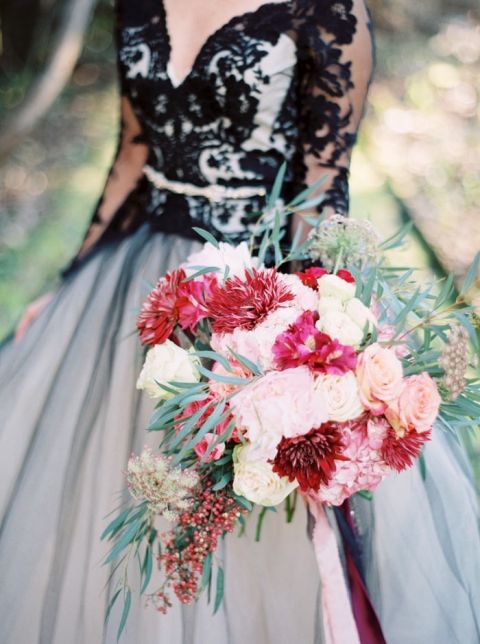 Bold Black  Wedding  Dress  and Fall Flowers  Hey Wedding  Lady