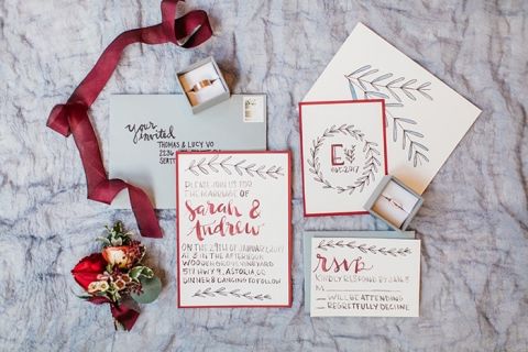 Slate Blue and Oxblood Wedding Invitations with Hand Painted Botanical Details