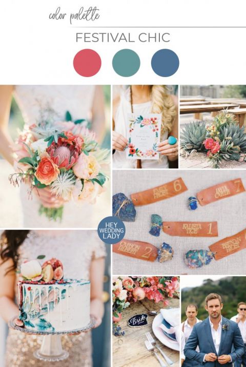 Coachella Inspired Festival Style for a Desert Wedding in Coral, Indigo, and Sage Green