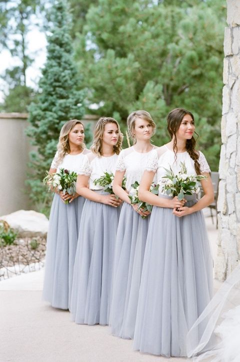 Chic Bridesmaid Separates in White Lace and Dusty Blue Tulle