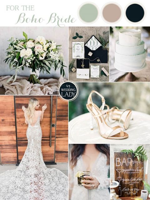 Black and White Bohemian Wedding Colors with Organic Greenery