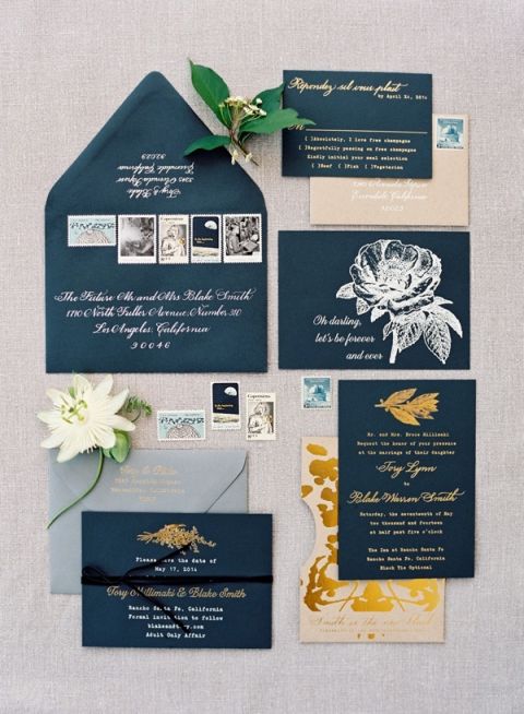 Black Invitations with White and Gold Floral Print