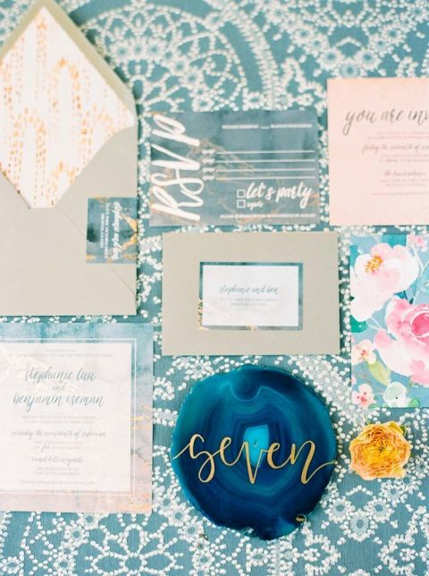 Floral Print and Ikat Patterns with Agate Wedding Decor