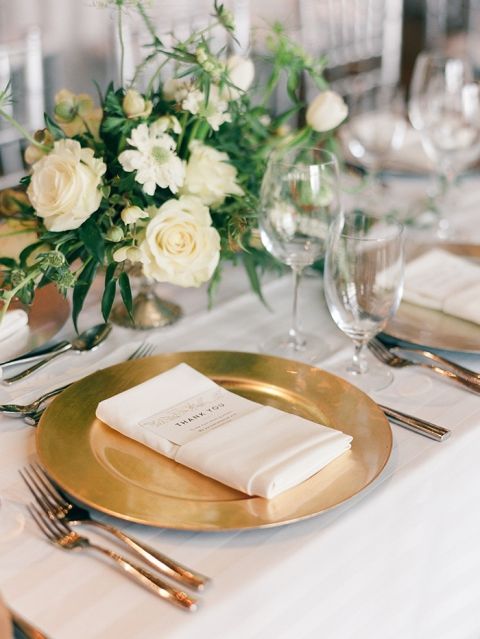 Greenery and Gold Wedding Decor with White Flowers