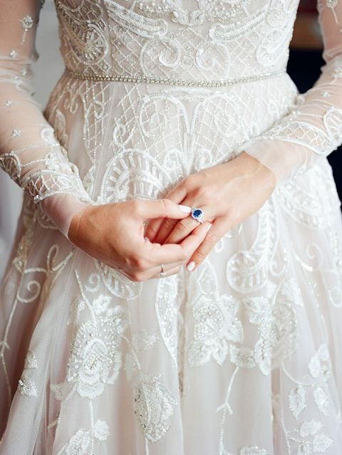 Vintage Sapphire Engagement Ring with a Beaded Amethyst Wedding Dress
