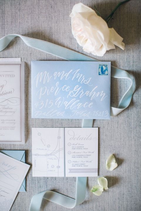 Hand Lettered Envelope for a Blue and White Wedding Invitation Suite