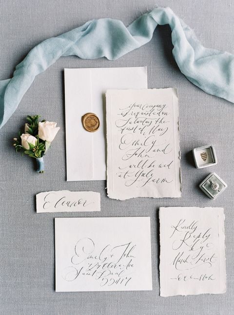 Blue and Gold Script Wedding Invitations