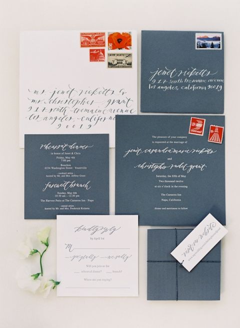 Slate Blue Wedding Invitation with Poppy Red