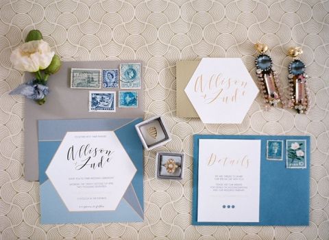 Geometric Blue and Gold Wedding Invitation Suite