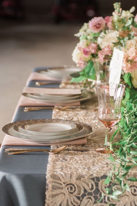 Blush and Slate Blue Wedding Decor with Vintage Lace Details