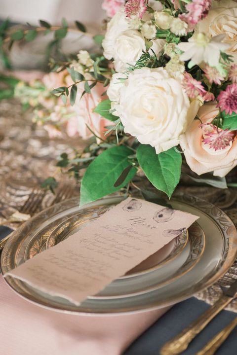 Antique Gold Place Setting with Summer Wedding Flowers