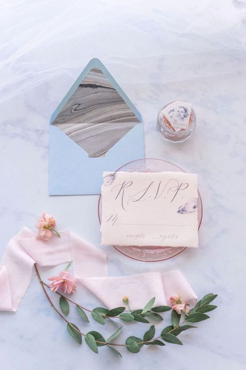 Seaside Inspired Wedding Invitation in Blush and Pale Blue